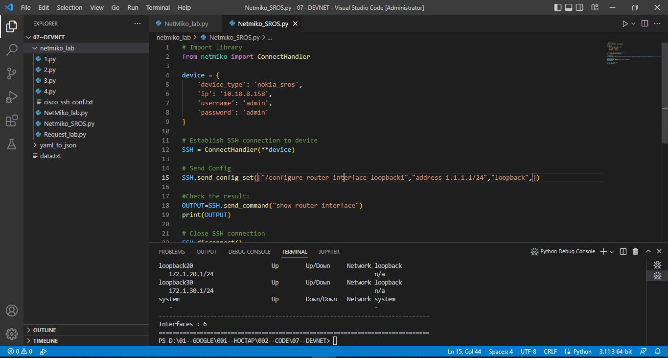 Use netmiko python to ssh Nokia SROS router
